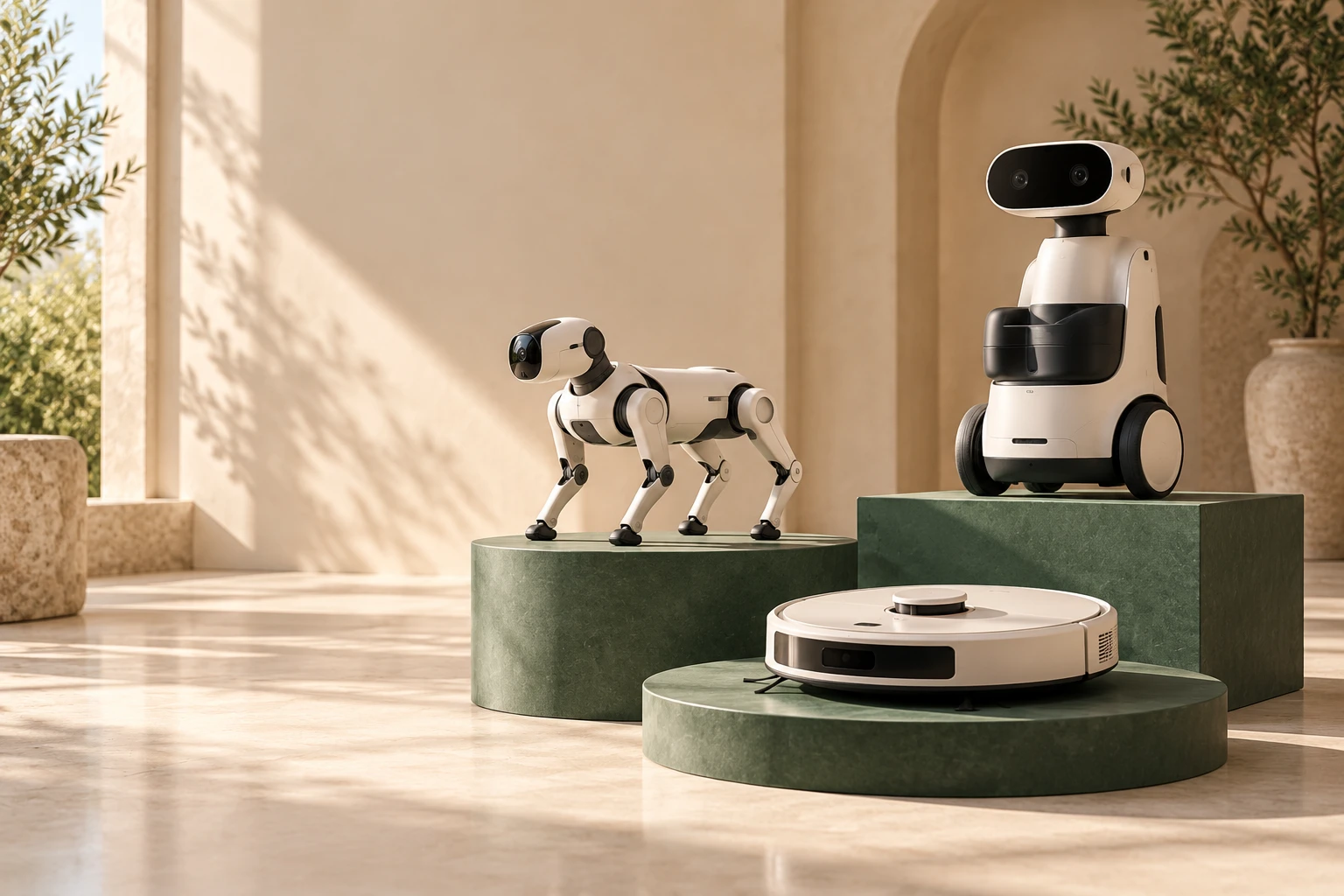 Concept renewed robots presented on warm neutral display plinths